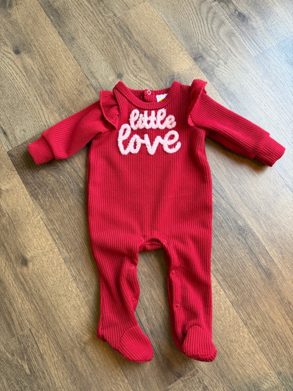 Red Knit Footed Baby One-Piece with 'Little Love' Script